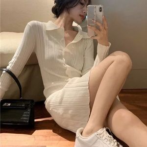 Cardigan sweater dress collar button cream white long top